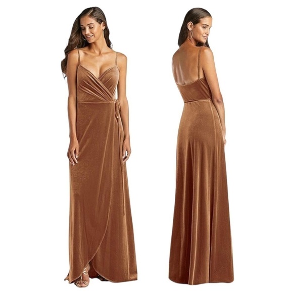 After Six Dresses & Skirts - NWT After Six Velvet Wrap Maxi Dress in Golden Almond Size XS